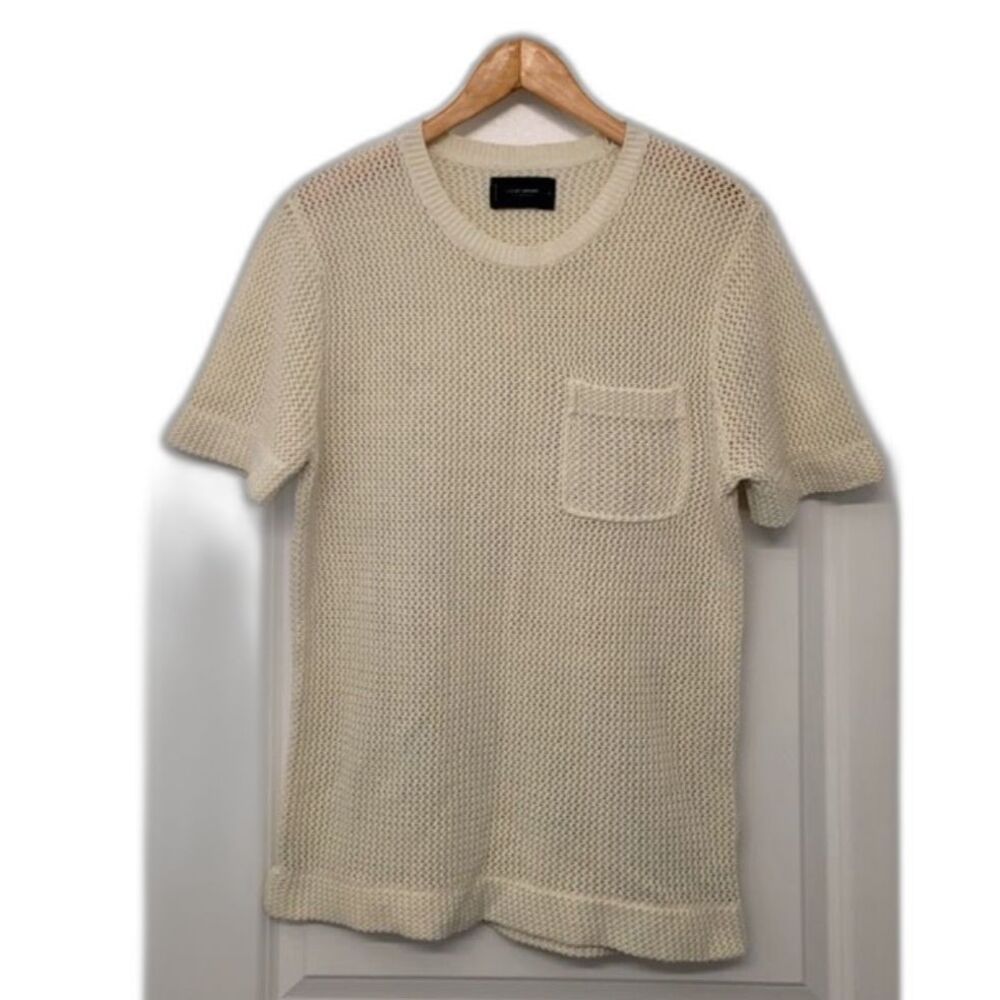 Lucky Brand Cream Open Knit Pocket Sweater Tee Coastal Beach Boho Resort Mens S